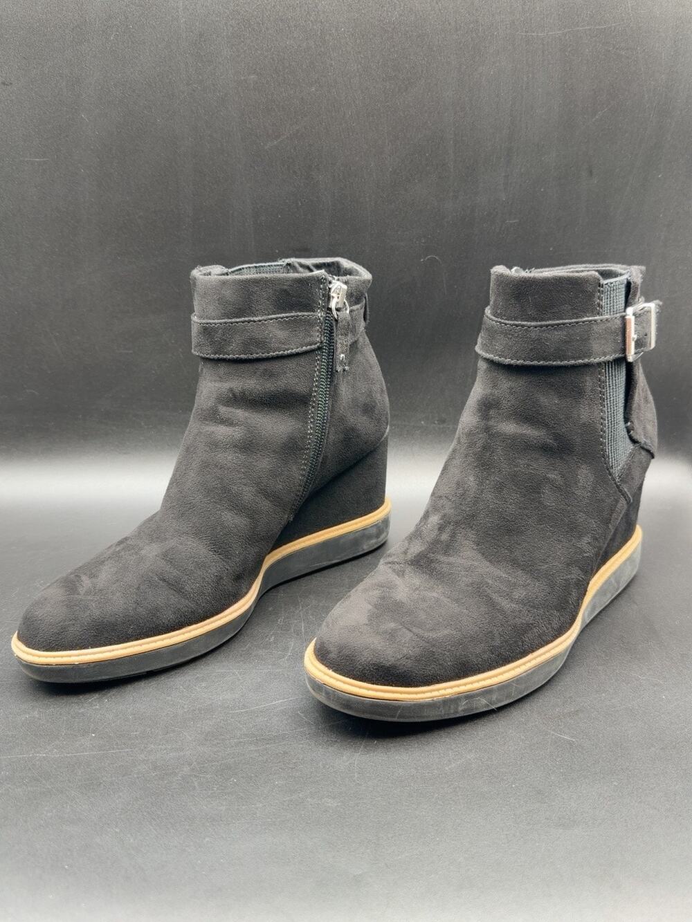Dr Scholls Womens 9 Black Faux Suede Wedge Ankle Boots Buckle Zip Booties